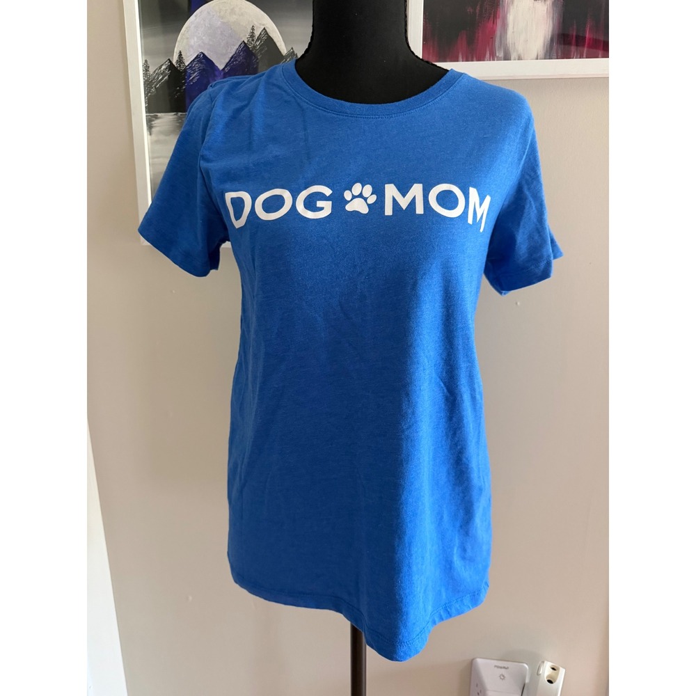 PositiviTees Women Blue Dog Mom Graphic T-Shirt Short Sleeve Crew Neck Small 4/6